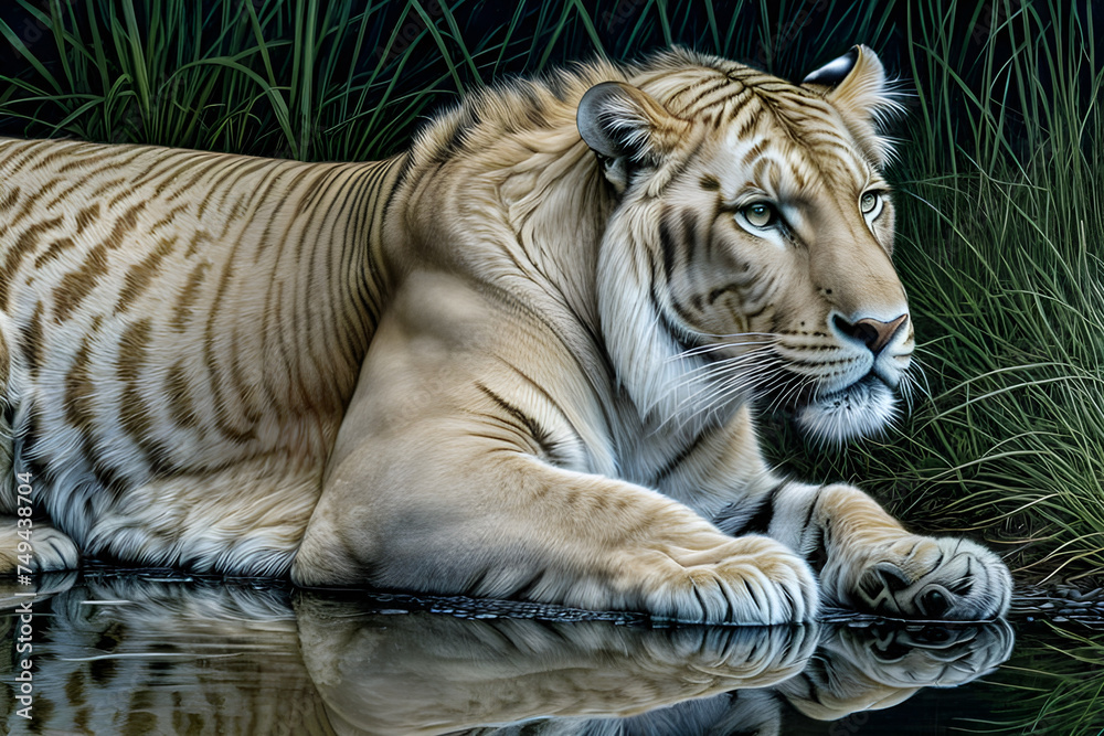 Fototapeta premium lions playing in the water on the river bank