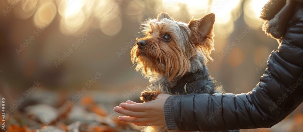 A person cradling a small Yorkshire Terrier dog in their hands. - obrazy, fototapety, plakaty 