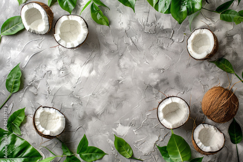 Free Copy Summer Flatlay background. Frame of tropical leaves and fresh coconut on light gray background top view copy space. Healthy cooking. Creative healthy food concept, half of coconut, nature
