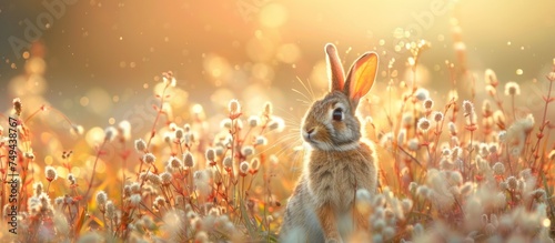 A rabbit is seated amidst tall grass in a field. The scene captures the rabbit in a natural habitat, blending with the surroundings.