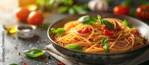 A bowl of freshly cooked Italian spaghetti topped with fragrant basil leaves and ripe red tomatoes.