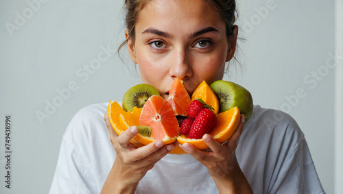 young woman being healthy eating a fruit on a clean background © The A.I Studio