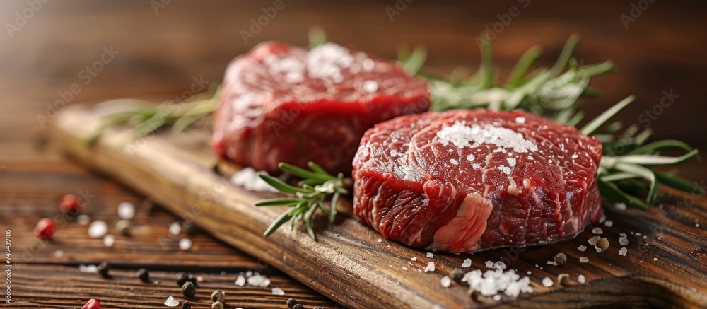 Two raw marbled steaks seasoned with coarse salt resting on a wooden cutting board.