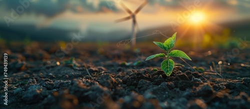 A young plant emerges from the soil in the foreground, set against a sunset backdrop.