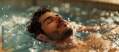 A man is swimming in a pool of water, enjoying a moment of relaxation and exercise.