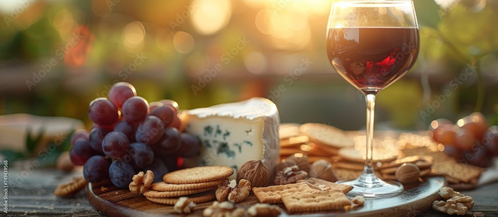 A glass of red wine next to assorted crackers on a wooden table.
