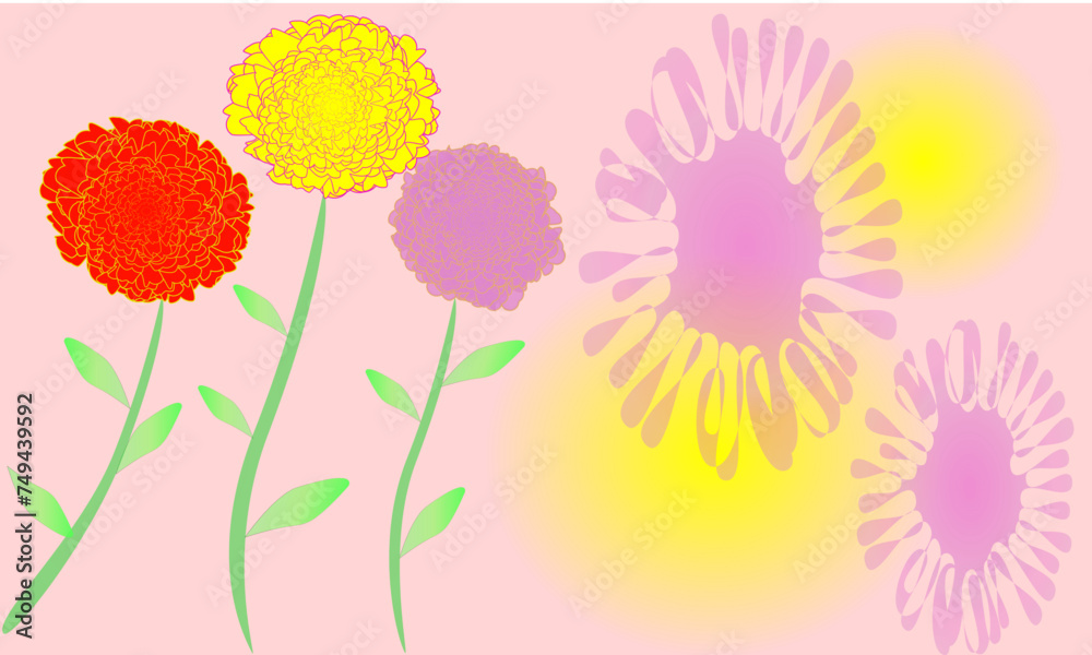 With pink dotted with yellow background, there are 3 red, yellow and pink carnations with watercolor flowers beside as decorations