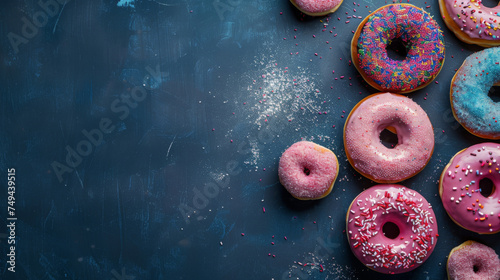 Donuts on dark blue background with copy space for text , pink donuts	