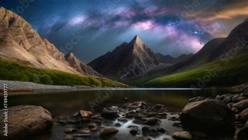 mountain peak with milky way, seemles looping, animation video photo