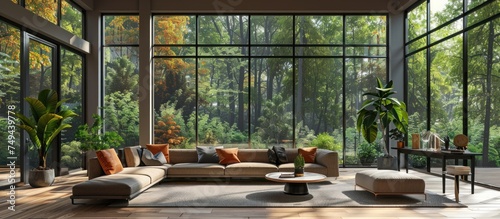 A living room filled with various furniture pieces like sofas, coffee tables, and chairs illuminated by ample natural light from numerous windows.