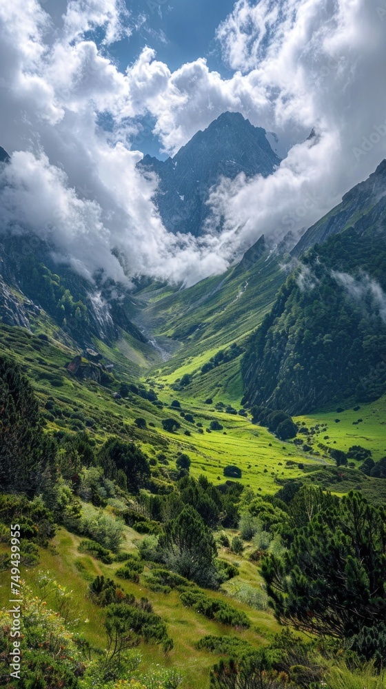 A scenic view of a valley with towering mountains in the background, under a sky featuring dramatic clouds.