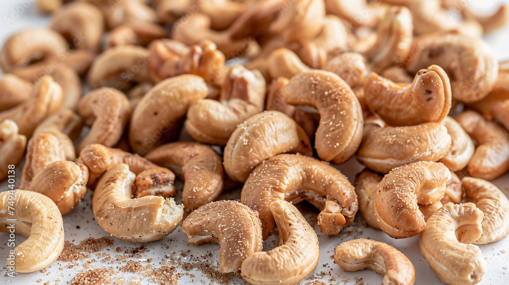 Roasted salted cashew nuts on white background