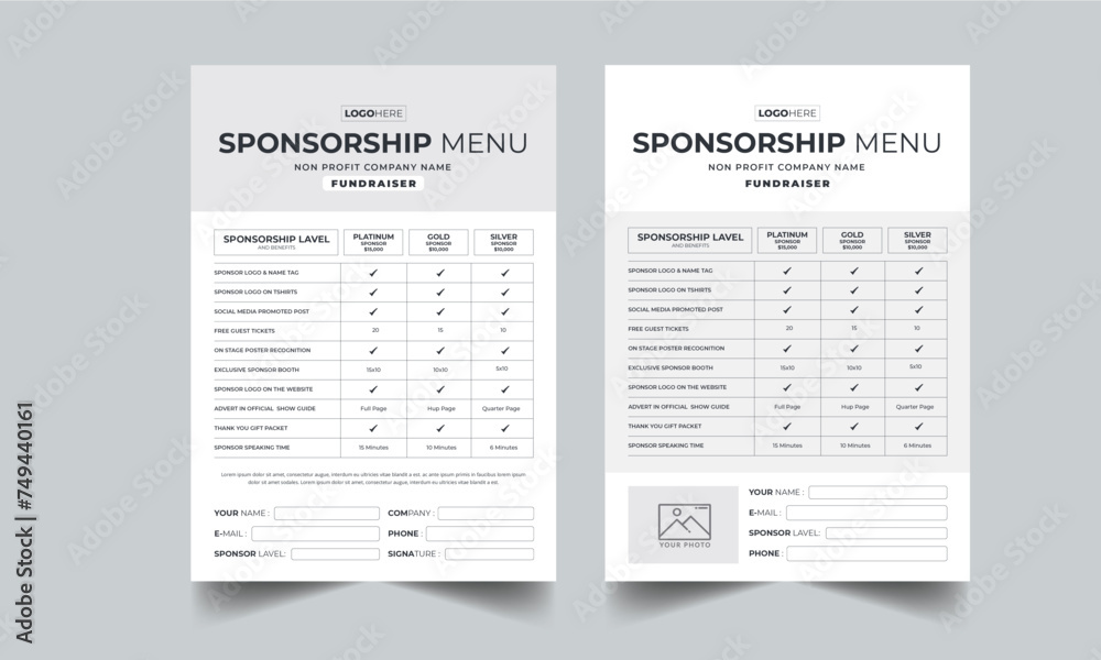 Sponsorship Levels Fundraising Flyers design layout template with 2 Style design