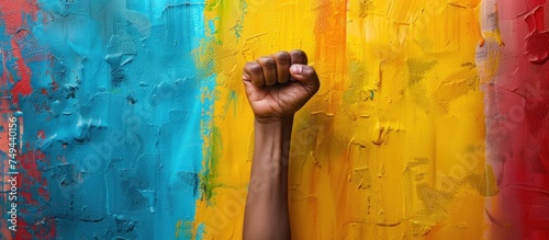 Painting portraying an African American persons arm with a clenched fist  set against a vibrant and dark wall.