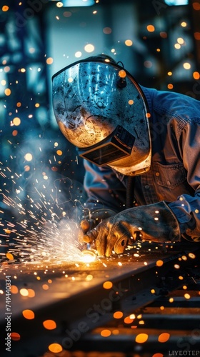 A welder in an industrial setting, welding a piece of metal with sparks flying. The worker is wearing protective gear and focused on the task at hand.