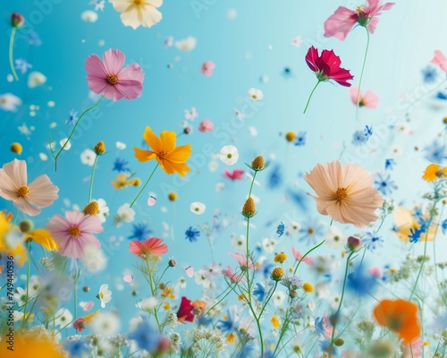 Spring abstract flower explosion of fresh colorful meadow flowers floating in the air, on a blue background.  © Eleonora