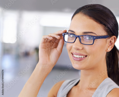 Portrait, businesswoman and glasses in office for eyecare and eyewear for corporate worker in workplace. Happy face, beauty and confident as professional consultant and cosmetic or makeup for work