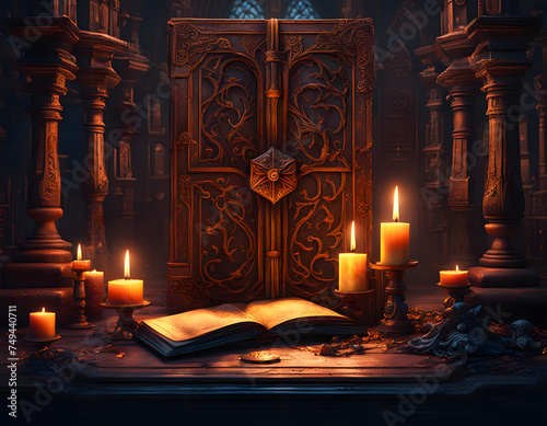 Secret chamber with old book and candles photo