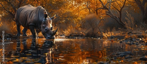 A rhino is quenching its thirst by drinking water from a river surrounded by trees.