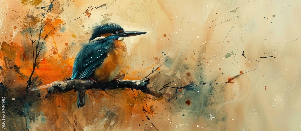 A painting of a vibrant kingfisher bird perched gracefully on a branch in a natural setting. A painting of a vibrant kingfisher bird perched gracefully on a branch in a natural setting.