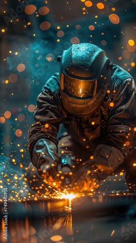 An industrial welder is hard at work, welding a piece of metal together, sparks flying as they focus on their task.