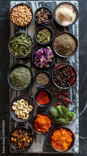 A table displaying an assortment of food bowls filled with different types of cuisine, including Ayurvedic herbs and spices