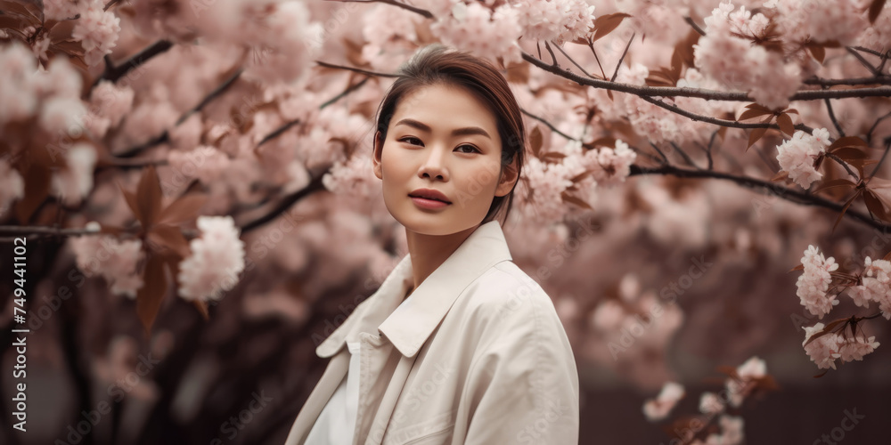 Portrait of beautiful asian woman in white coat in spring blooming garden. Girl and Sakura Portrait of beautiful asian woman in white coat in spring blooming garden. Girl and Sakura