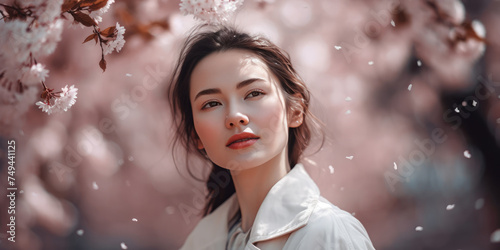 Portrait of a Beauty Asian Girl and Blooming Sakura. Beautiful Asian Woman in white coat walking in Cherry Blossom Garden