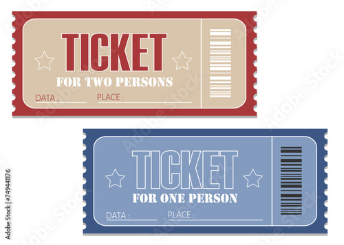 A set of 2 printable tickets for a party, cinema, holiday, event, party, entertainment. For 1 and 2 person.