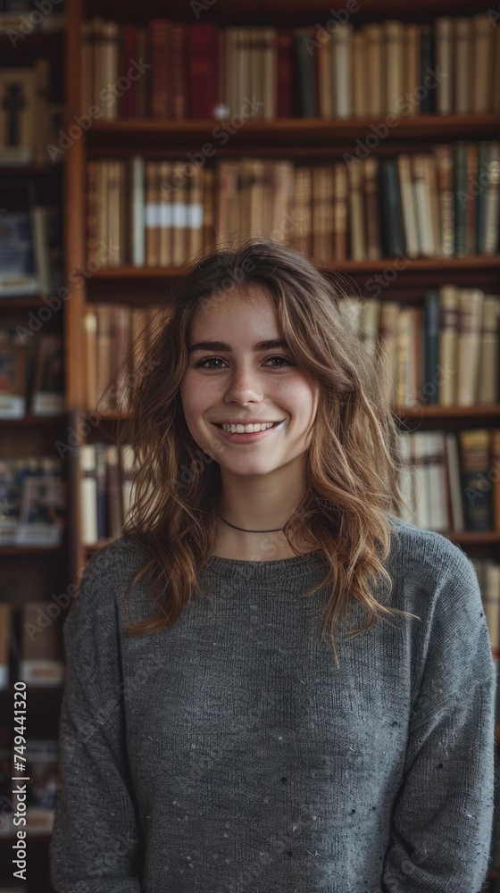 A woman standing proudly in front of a bookshelf filled with books in a library. A woman standing proudly in front of a bookshelf filled with books in a library.