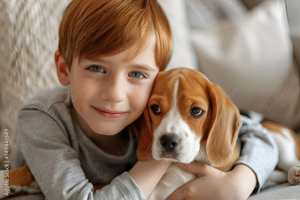 red haired small boy with beagle puppy dog at home. pet love concept