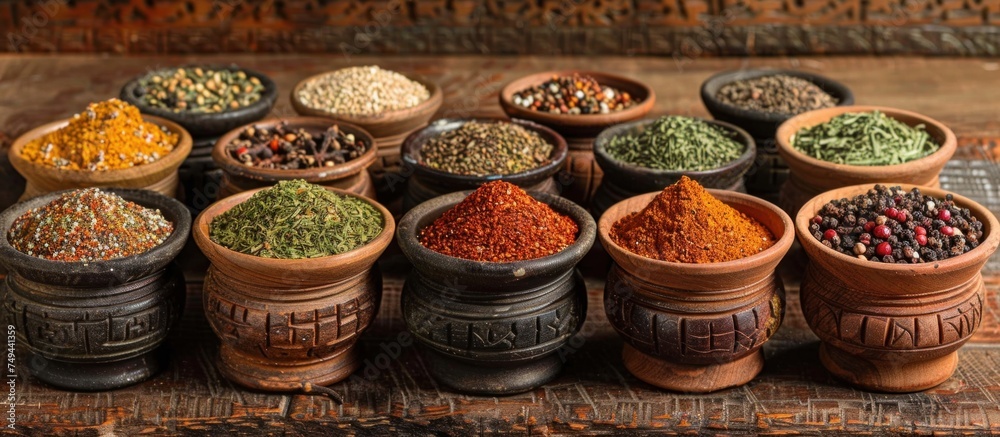 A variety of different types of spices neatly arranged on a wooden table.