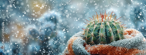 Closeup of A cactus wrapped in a blanket with snowflakes dancing around watercolor protection photo