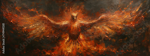 Closeup of Phoenix rebirth under cosmic rays fantasy world horizon watercolor spectacle #749441381