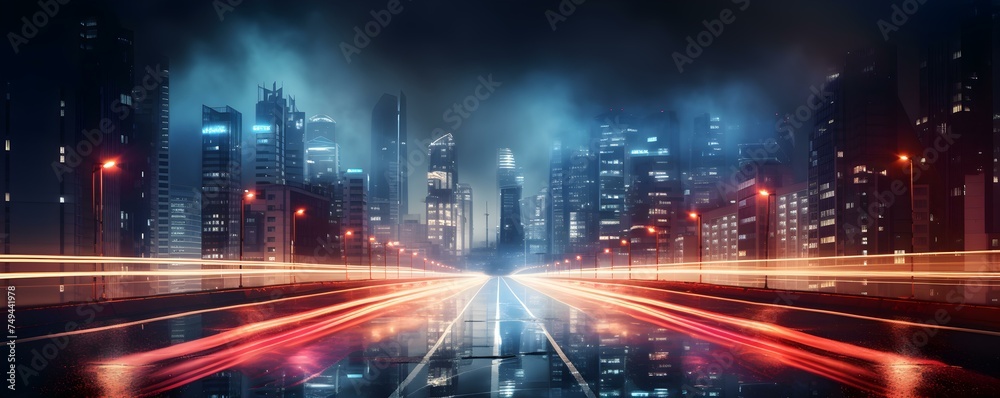 Night city traffic display colorful lights against a backdrop of highrise buildings. Concept Night Cityscape, Colorful Lights, Highrise Buildings, Urban Traffic, Vibrant Display