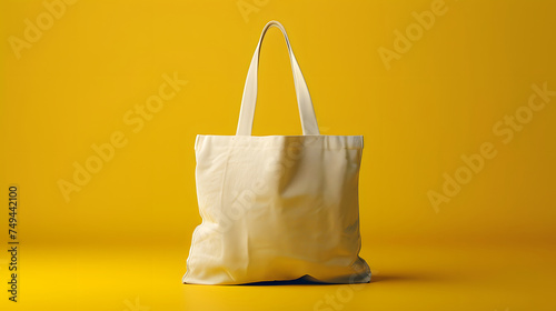 A plain white canvas tote bag sits on a yellow surface in front of a yellow background.