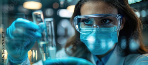 A focused female scientist wearing a mask and gloves while holding a test tube in a laboratory setting.