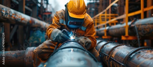A skilled welder in a hardhat is welding industrial steel pipes in a factory setting.