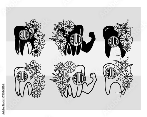 Floral And Tooth Monogram SVG, Tooth, Human Teeth, Dental Svg, Wisdom Teeth Svg, Tooth Decay Svg, Teeth Svg, Flower Svg, Teeth Silhouette, Dentist, Cilcle Monogram