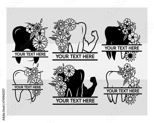 Floral And Tooth Monogram SVG, Tooth, Human Teeth, Dental Svg, Wisdom Teeth Svg, Tooth Decay Svg, Teeth Svg, Flower Svg, Teeth Silhouette, Dentist, Split Monogram