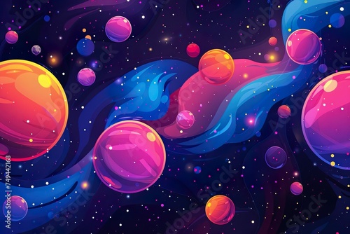 Abstract iridescent background spheres floating in space, swirls, purple, pink and blue photo