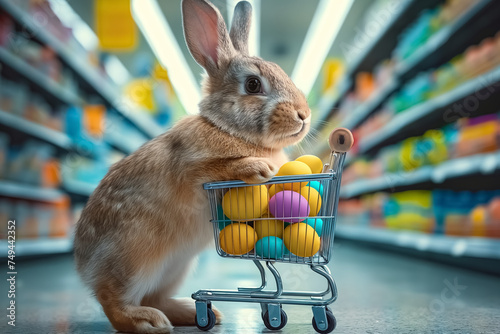 Easter bunny standing with shopping cart of Easter eggs in supermarket