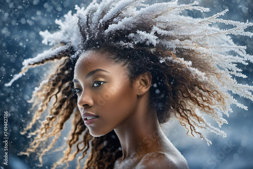 Portrait of beautiful young woman covered by rime, her long hair flying around the head in the wind. photo