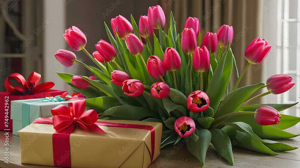 Fototapeta premium luxurious bouquet of tulips and gift boxes. holiday concept.