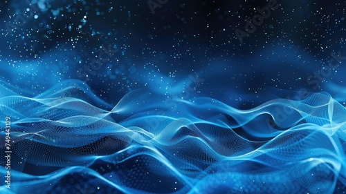 Calm blue abstract particle wave background - Blue waves with particles flowing across a dark backdrop evoke calmness and serenity  perfect for themes of tranquility and technology