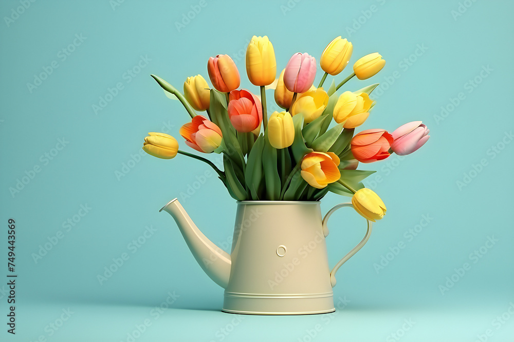 Bouquet of pink and yellow  tulips in a watering can on a blue background,  generated by AI. 3D illustration