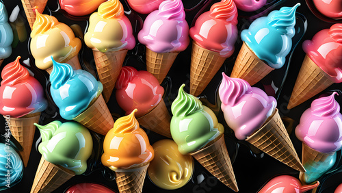 ice cream.Many assorted different flavors. template for artwork design. colorful Melting ice cream. mouth-watering banner, showcasing a variety of ice cream in waffle cones against a bright backdrop. 
