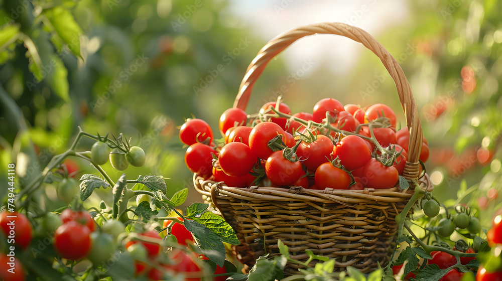 A basket full of tomatoes on the vine sits in a field. A basket full of tomatoes on the vine sits in a field.