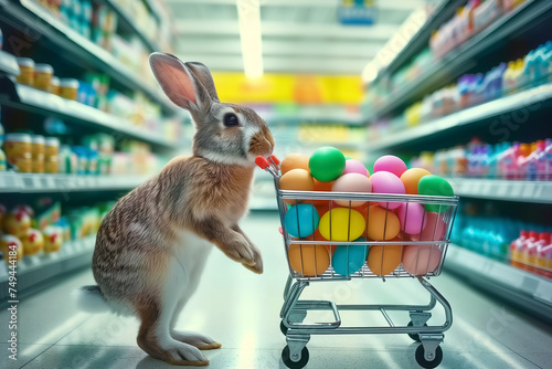 Easter bunny standing with shopping cart of Easter eggs in supermarket