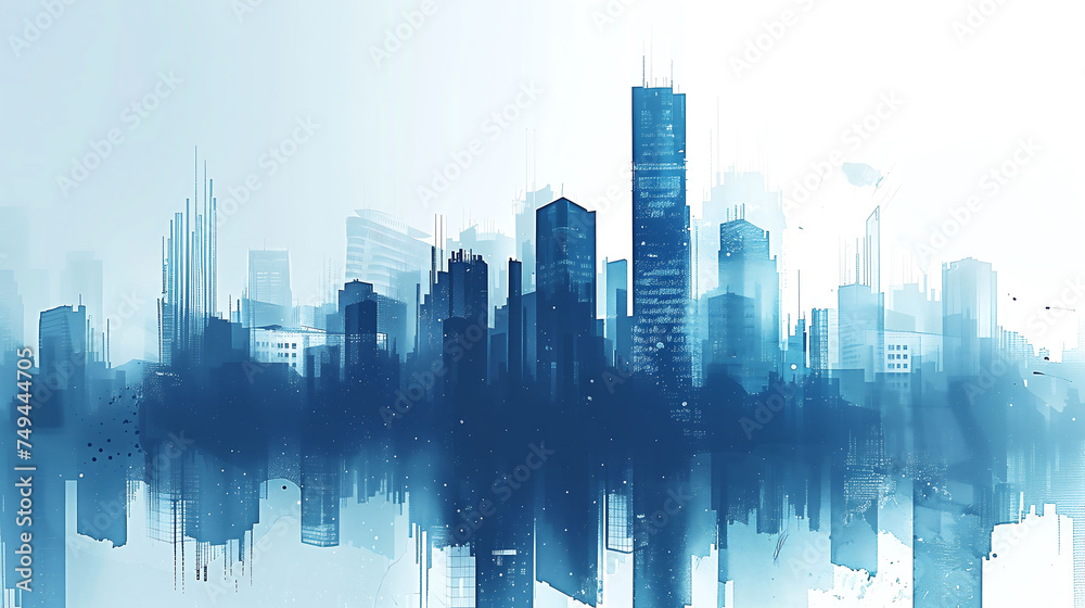 Blue Urban Skyline with Abstract Cityscape and Skyscrapers, Illustration Business District Design